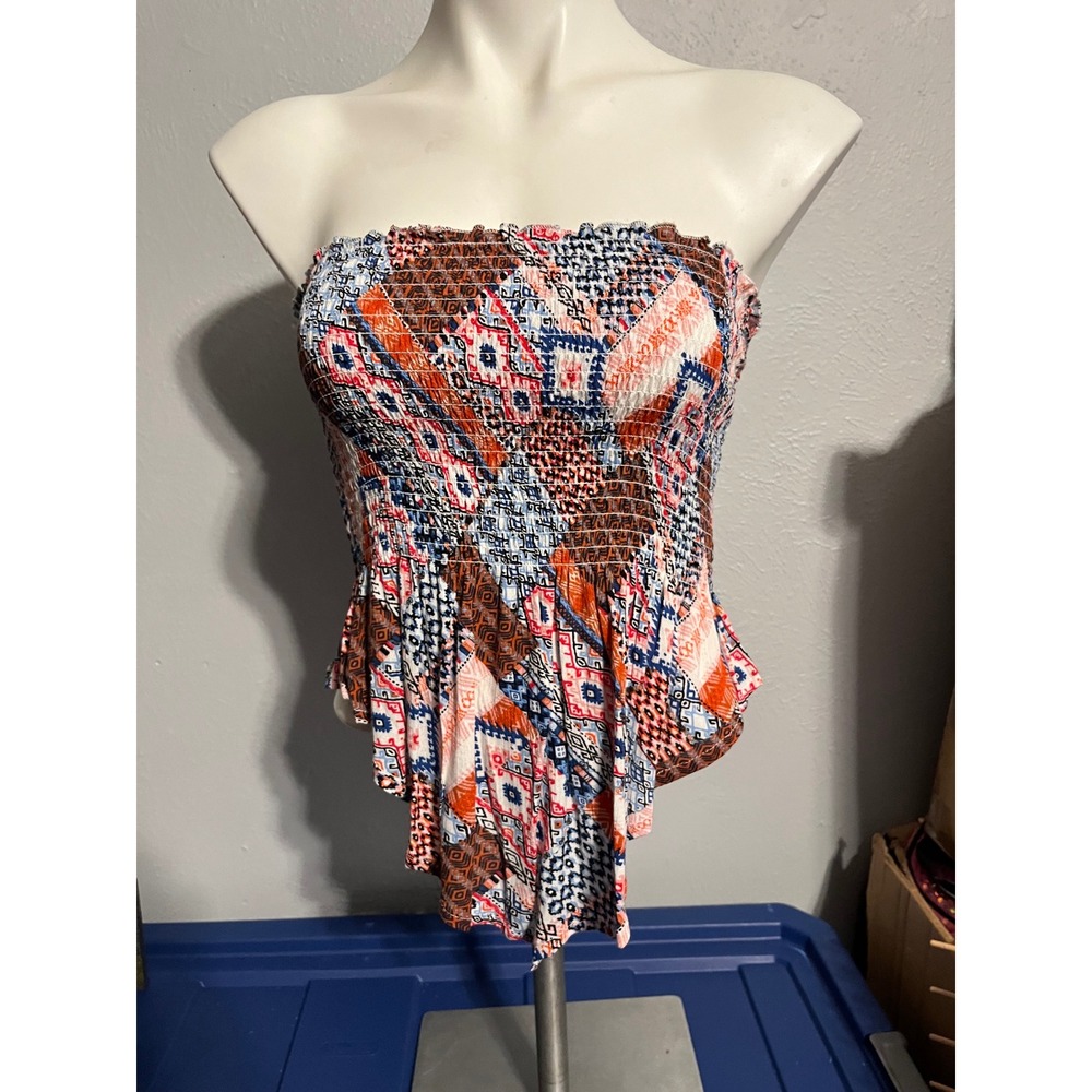 New Look Womens Smocked Patchwork Tube Top Orange Blue Strapless Peplum Large